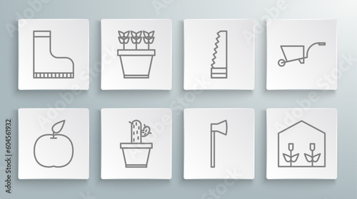 Set line Apple, Plants in pot, Cactus and succulent, Wooden axe, Home greenhouse plants, Garden saw, Wheelbarrow and Waterproof rubber boot icon. Vector