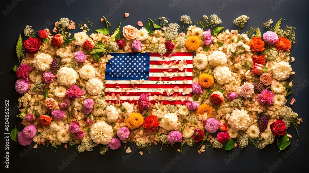 Creative image of flag american flag made of different flowers, capturing the essence of American Flag Day. Generative ai