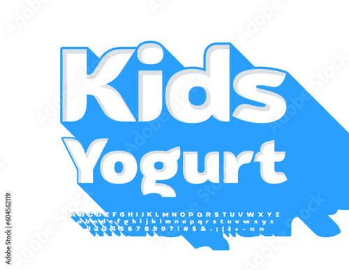 Vector creative badge Kids Yogurt. White Font with Blue shadow. Isometric Alphabet Letters, Numbers and Symbols set