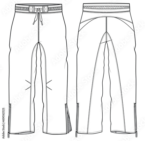 Elasticated Drawstring Waist Chino Pant with Zip Hem. Front and Back View. Fashion Illustration, Vector, CAD, Technical Drawing, Flat Drawing, Template, Mockup.