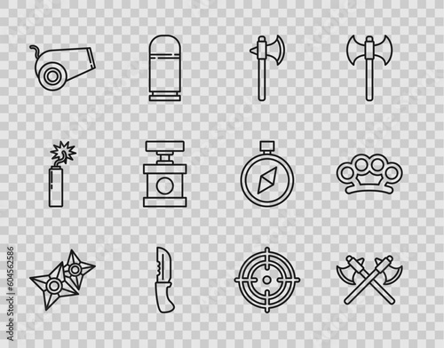 Set line Japanese ninja shuriken, Crossed medieval axes, Medieval, Military knife, Cannon, Handle detonator for dynamite, Target sport and Brass knuckles icon. Vector