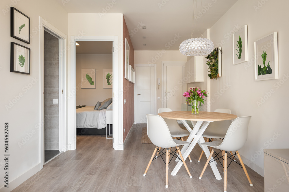 custom made wallpaper toronto digitalStylish dining area in studio living room with table and chairs and decorative accessories overlooking the outdoor bathroom and bedroom. Concept of interior for a small apartmen