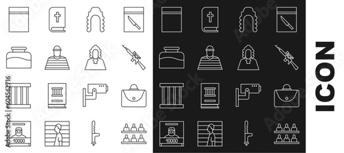 Set line Jurors, Briefcase, Sniper rifle with scope, Judge wig, Prisoner, Inkwell, Plastic bag ziplock and icon. Vector