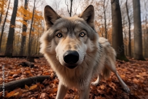 Adorable wolf in the forest. Generative AI