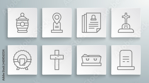 Set line Memorial wreath, Location grave, Christian cross, Coffin with dead, Grave tombstone, Death certificate, and Funeral urn icon. Vector