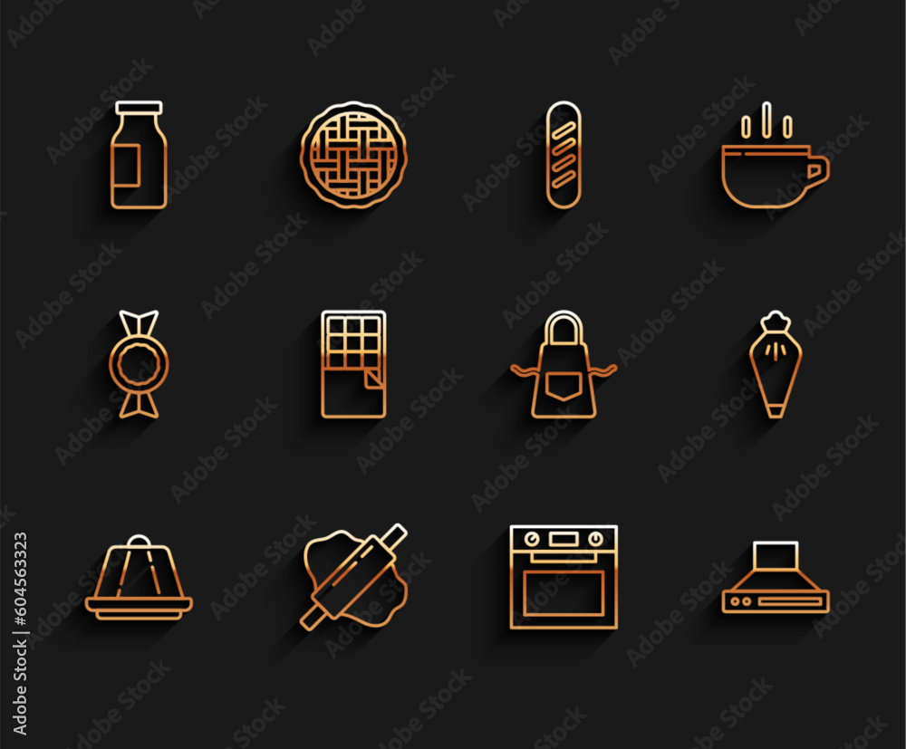 Set line Pudding custard, Rolling pin on dough, Bottle with milk, Oven, Kitchen extractor fan, Chocolate bar, Pastry bag and apron icon. Vector Set line Pudding custard, Rolling pin on dough, Bottle with milk, Oven, Kitchen extractor fan, Chocolate bar, Pastry bag and apron icon. Vector