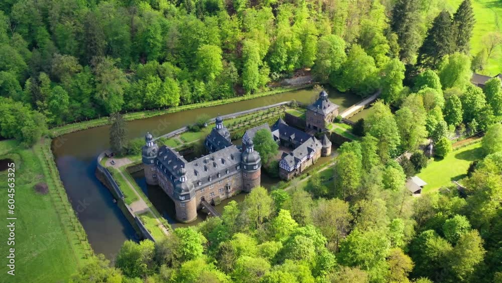 Aerial drone view medieval castle Krottorf fortress on water Rhineland-Palatinate, Germany. High quality 4k footage Aerial drone view medieval castle Krottorf fortress on water Rhineland-Palatinate, Germany. High quality 4k footage