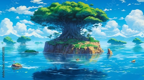 In the illustration, a remote island emerges like a hidden gem in the vast expanse of the ocean, its sandy beaches inviting visitors to bask in the sun and explore its untouched beauty.