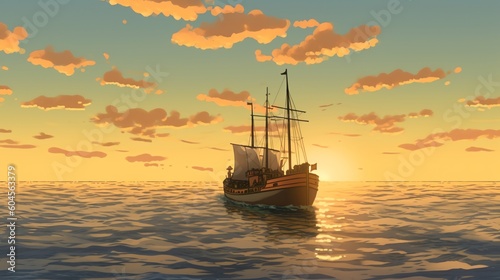 The ship's graceful presence on the calm sea evokes a sense of poetic beauty, inviting contemplation and reflection amidst the tranquil waters, like verses written on the canvas of nature.