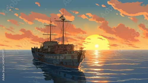 As the ship glides silently through the calm sea, it seems to create a melody in perfect harmony with the gentle lapping of the waves, enveloping the surroundings in a peaceful symphony.