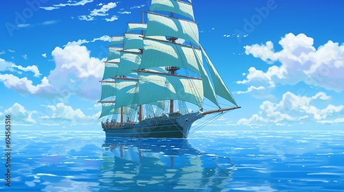 A picturesque ship glides gracefully across the calm sea, its sails billowing in the gentle breeze, creating a scene of tranquility and peace.