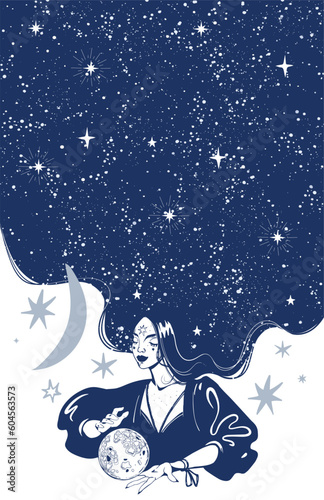 Magic card for astrology, tarot, zodiac. Mystical witch with a divination ball on a space background with the moon and stars, copy space on a blue background. Modern vector poster.