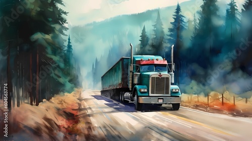 Truck on the road, with mountains and forest in the background. Generative AI