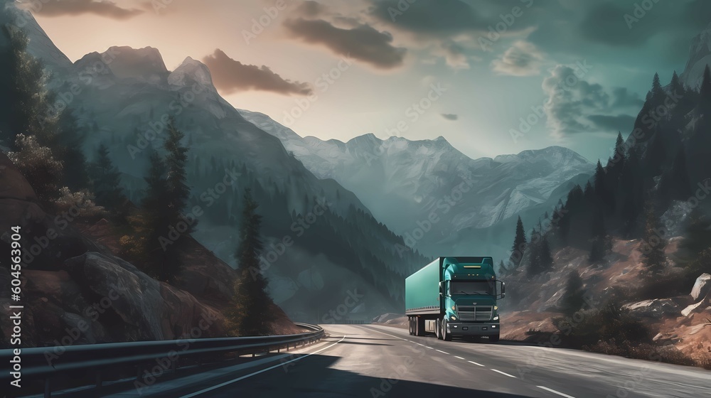 Truck on the road, with mountains and forest in the background. Generative AI