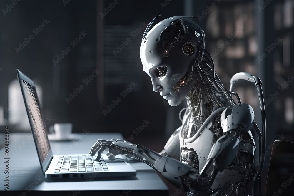 A robot with artificial intelligence works in the office at a laptop, generative AI.