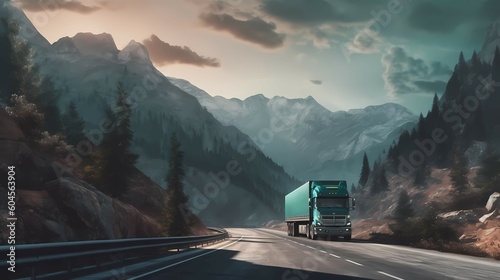 Truck on the road, with mountains and forest in the background. Generative AI © Alex Bur