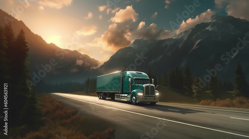 Truck on the road, with mountains and forest in the background. Generative AI © Alex Bur