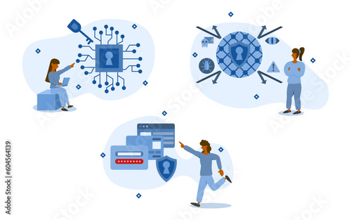 cyber security illustration set. characters using cyber security keys to protect personal data and hacker defense by security system.  cyber protection concept. vector illustration.