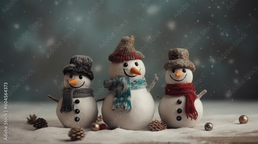 Obraz premium Snowman cute christmas. Christmas and New Year background. Festive seasonal Christmas bright background. Holiday poster and banner, greeting card. generative ai