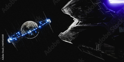 Fototapeta Naklejka Na Ścianę i Meble -  3D render of large spacecraft flying to futuristic satellite ring around gray moon in space