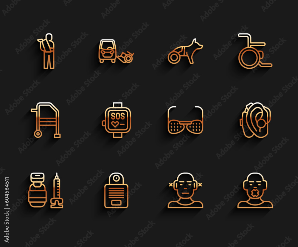 Set line Syringe, Intercom, Human broken arm, Deaf, Head of deaf and dumb, Smart watch, Hearing aid and Blind glasses icon. Vector Set line Syringe, Intercom, Human broken arm, Deaf, Head of deaf and dumb, Smart watch, Hearing aid and Blind glasses icon. Vector