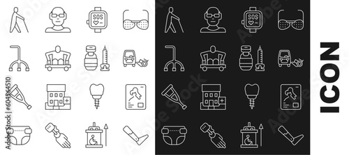 Set line Prosthesis leg, X-ray shots, Disabled car, Smart watch, Man without legs sitting wheelchair, Walking stick cane, Blind human holding and Syringe icon. Vector