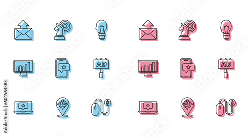 Set line Laptop with star, Target, Mail and e-mail, Advertising, Mobile review rating, Monitor graph chart and Chess icon. Vector