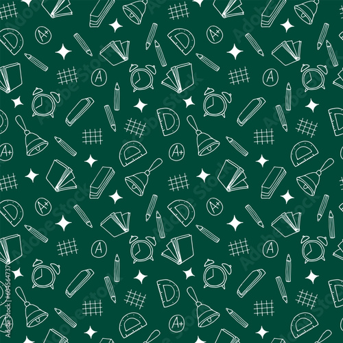 Back to school doodle seamless pattern. Hand drawn background with school supplies and creative elements. Vector illustration.