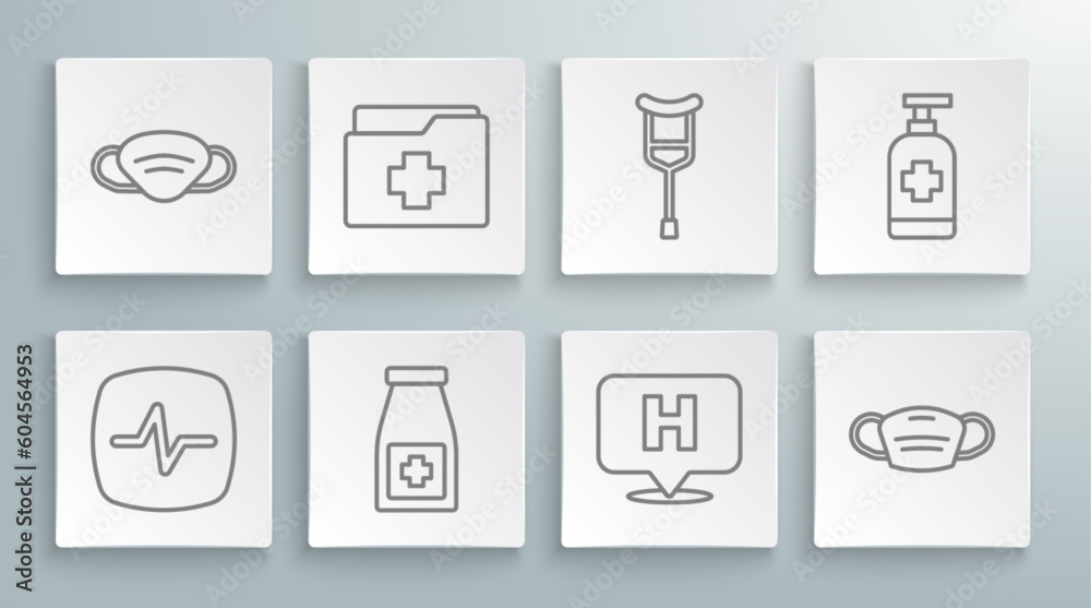 Set line Heart rate, Patient record, Medicine bottle and pills, Location hospital, Medical protective mask, Crutch crutches, Antibacterial soap and icon. Vector Set line Heart rate, Patient record, Medicine bottle and pills, Location hospital, Medical protective mask, Crutch crutches, Antibacterial soap and icon. Vector