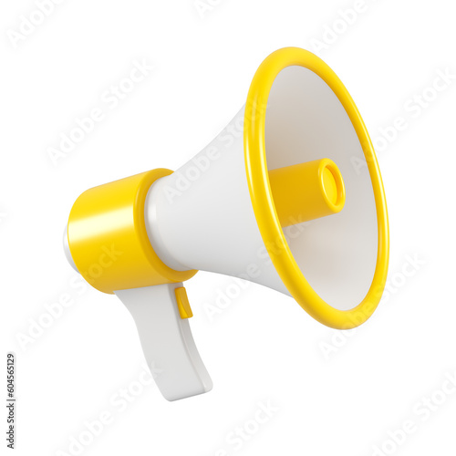 Yellow megaphone isolated. Close up breaking news metaphor, disclosure of information concept. 3d rendering. photo