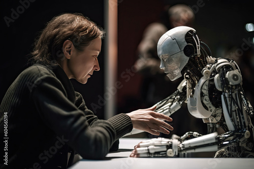 A man and a robot, a robot with artificial intelligence and a human developer next to him, a robot with a man in a laboratory, generative AI.
