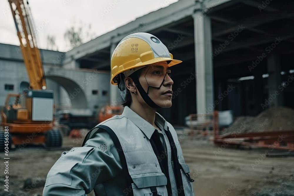A human engineer in a yellow helmet and glasses at the enterprise analyzes the work through a tablet, generative AI. A human engineer in a yellow helmet and glasses at the enterprise analyzes the work through a tablet, generative AI.