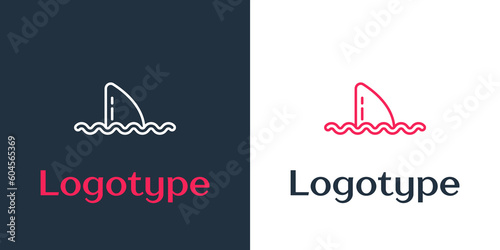 Logotype line Shark fin in ocean wave icon isolated on white background. Logo design template element. Vector