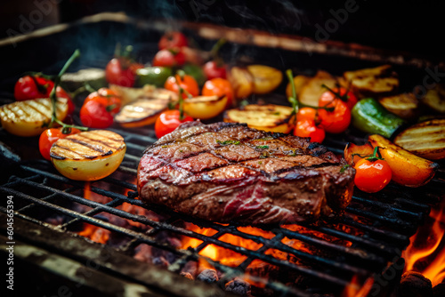 Beef steak spices and vegetables on the grill with flames. Gourmet food. Delicious food. Generative AI