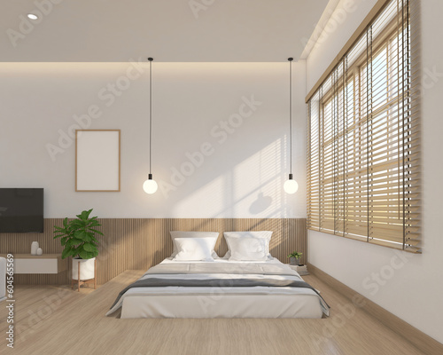 Modern japan style bedroom decorated with built-in bed and hanging lamp  minimalist living area and wood slat wall. 3d rendering