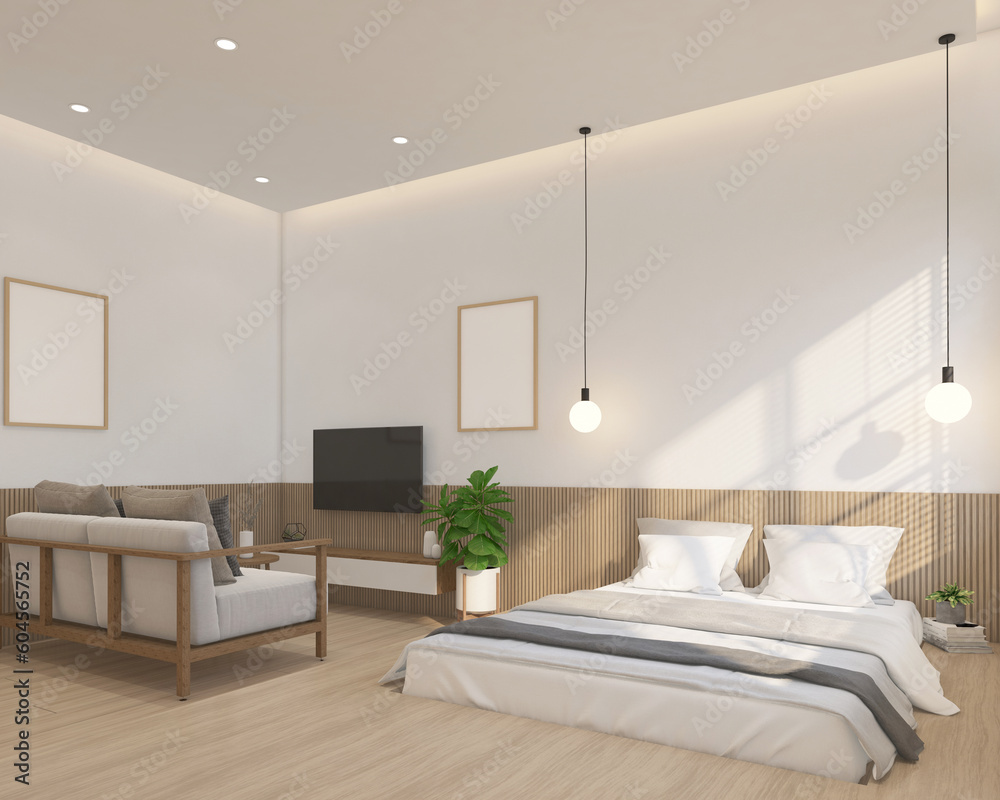 Fototapeta premium Modern japan style bedroom decorated with built-in bed and hanging lamp, minimalist living area and wood slat wall. 3d rendering