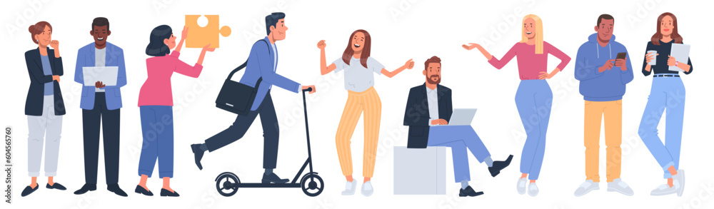 Business people in different poses and actions. Men and women, characters of office employees on a white background Business people in different poses and actions. Men and women, characters of office employees on a white background