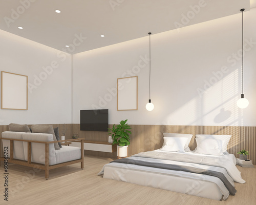 Modern japan style bedroom decorated with built-in bed and hanging lamp  minimalist living area and wood slat wall. 3d rendering