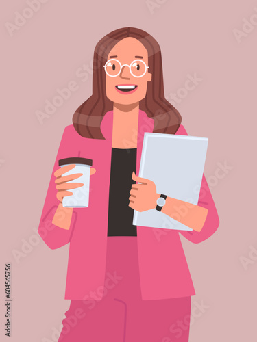 Portrait of a successful business woman. A happy office worker or executive holds a laptop
