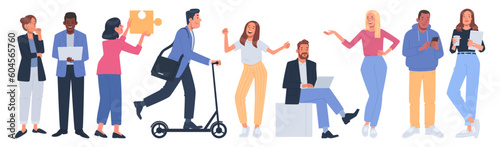 Business people in different poses and actions. Men and women, characters of office employees on a white background