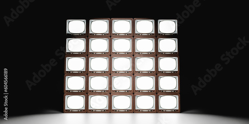 Multiple Retro television with dark background. 3d render