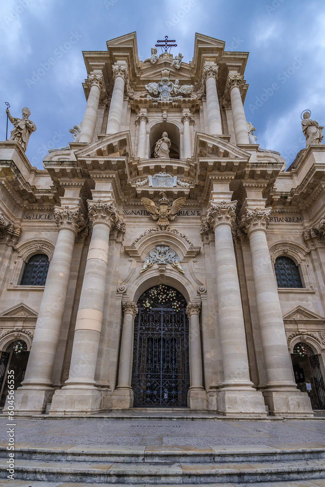 Front view of cathedral on Ortygia island, Syracuse city, Sicily Island, Italy
