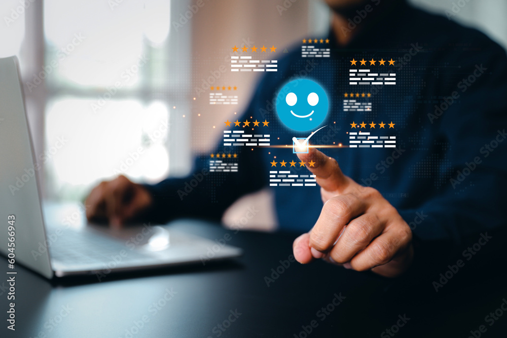 Naklejka premium Customer services rating feedback satisfaction survey online business review questionnaire on technology data exchanges development for service mind, social media digital global marketing management
