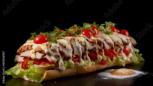 an artistic image of a delicious shawarma filled with savory ingredients such as juicy tomatoes, crisp onions, fresh lettuce, and creamy mayonnaise. The shawarma should be depicted in a visually appea