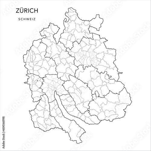 Vector Map of the Canton of Zürich with the Borders of Districts (Bezirke), Municipalities (Gemeinde), Urban Districts (Kreise) and Quarters of Zurich and Winterthur as of 2023 - Switzerland (Schweiz)
