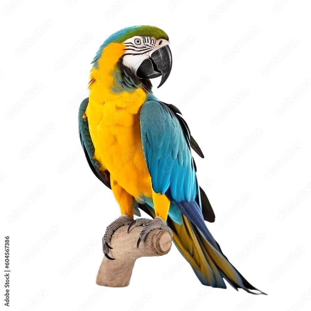 Blue-and-yellow Macaw bird isolated on a transparent background, Generative ai 