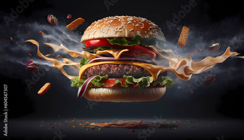reate an artistic image of a mouth-watering juicy burger with flying bacon, fries, sausage, and cheese splashes. The focus should be on creating an ultra-realistic, photo-realistic, or hyper-realistic