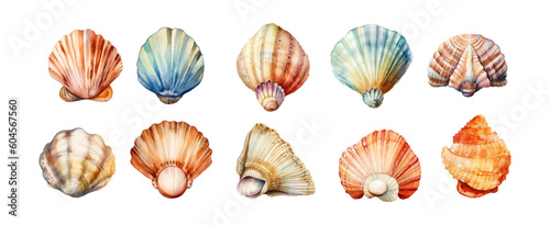 Watercolor seashells collection isolated on white background. Ocean marine sea element graphic design. Vector illustration