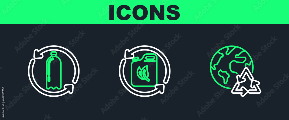 Set line Planet earth and a recycling, Recycling plastic bottle and Bio fuel canister icon. Vector Set line Planet earth and a recycling, Recycling plastic bottle and Bio fuel canister icon. Vector