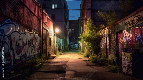 Quiet Alleyway in Urban Neighborhood at Night. Dark Street with Streetlights and Colorful Graffiti. Generated AI